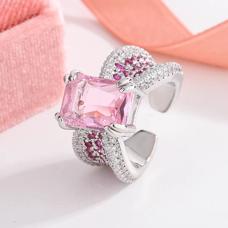 Sweet Pink Cubic Zirconia Ring for Women's Engagement Wedding Luxury Sparkling 925 Silver Plated Fashion Jewelry Gift