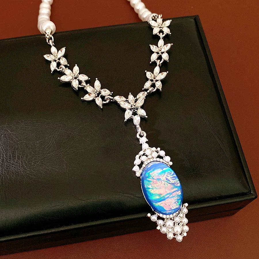 Imitation Pearl Necklace Drop Earrings Oval Shaped Pendant Necklace Earring Women's Fashion Rhinestone Party Jewelry Set  K