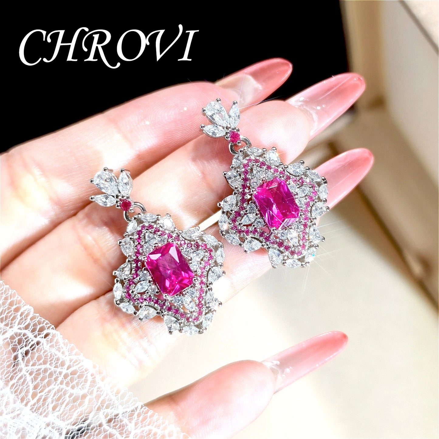 Luxurious 925 sterling silver long rectangular full-diamond style short earrings for women, open ring style