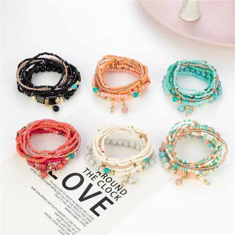 Bohemia Colorful Rice Beads Bracelet Set For Women Summer Handmade Beaded Chain Bangle Female Boho Ethnic Jewelry Gift
