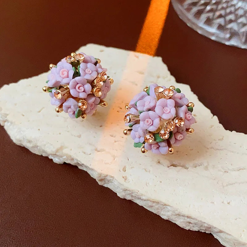 Pink Rhinestone Ceramic Flower Ball New in Stud Earrings for Women Temperament Versatile Earring Luxury Silver Jewelry Wholesale