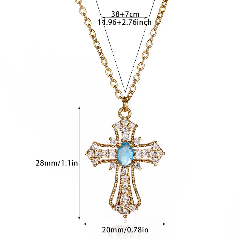 ANENJERY 316L Stainless Steel Crosss Pink Blue Zircon Necklace For Women Delicate Vintage French Personality Niche Jewelry Gifts