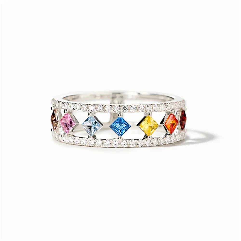 Cute Female Rainbow Zircon Stone Silver Color Wedding Jewelry Promise Love Engagement Rings For Women