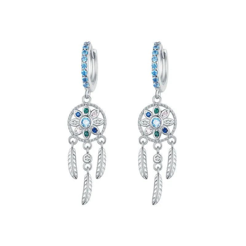 BAMOER 925 Sterling Silver Bohemia Dreamcatcher Hanging Drop Earrings for Women Boho Style Earrings Fashion Jewelry 2 Colors