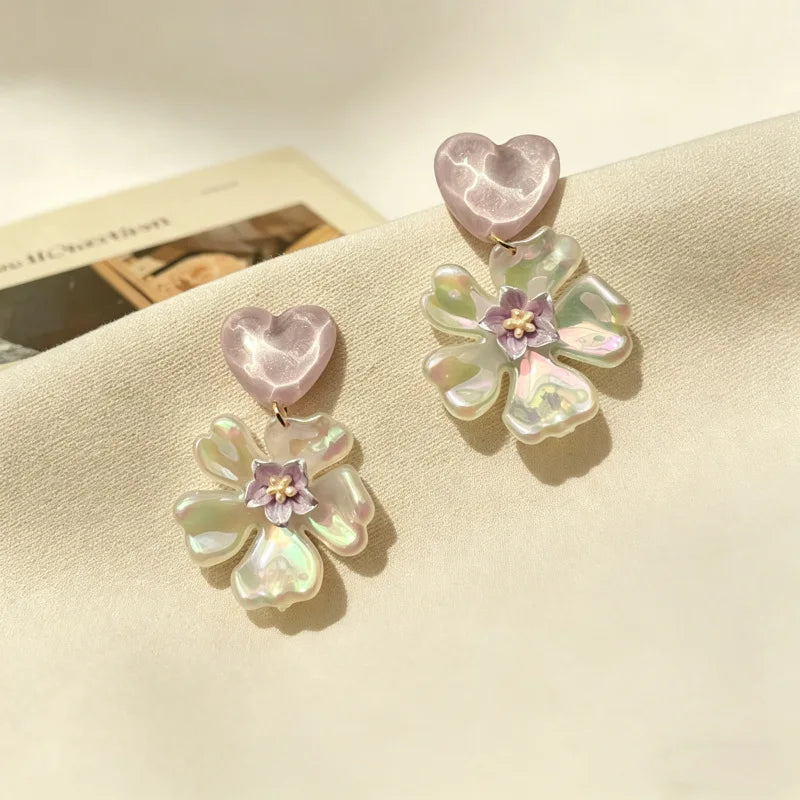Sweet Mermaid Colorful Love Flower Pendant Earrings For Female Korean Fashion Beautiful Petal Earrings Vacation Party Accessory