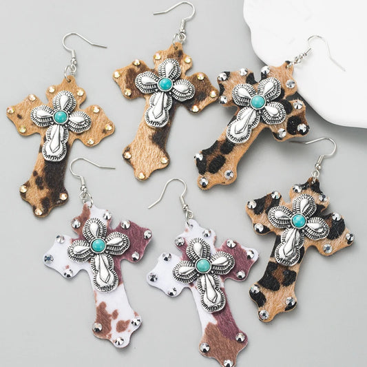 Hot Selling Earrings, European and American Trends, Leopard Print Leather Cross eEarrings, Alloy Set With Turquoise Earrings