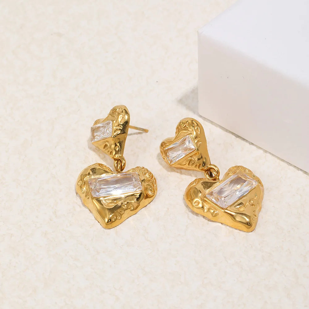 Vintage Stainless Steel Double Heart Drop Earrings for Women Luxury Square Zircon Metal Textured Dangle Earring Wedding Jewelry