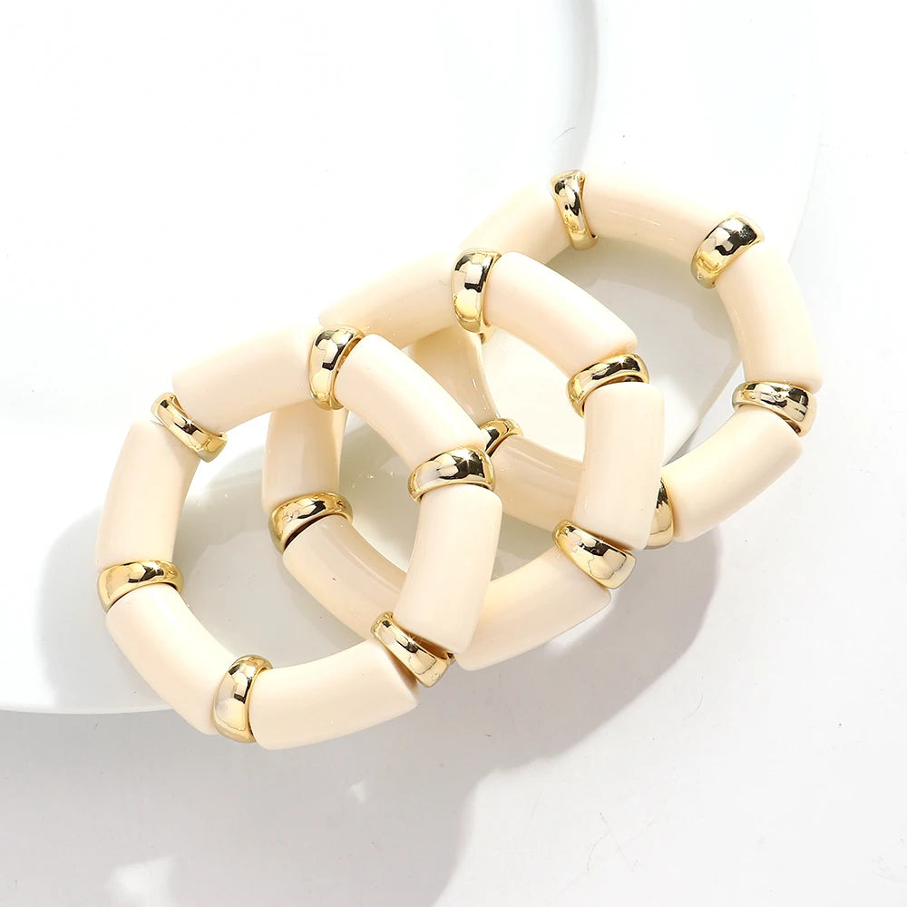 3pcs Fashion Chunky Tube Beaded Elastic Bangle Bracelets Acrylic Marbled Geometric Curved Beaded Bracelet Vintage Jewelry Gifts