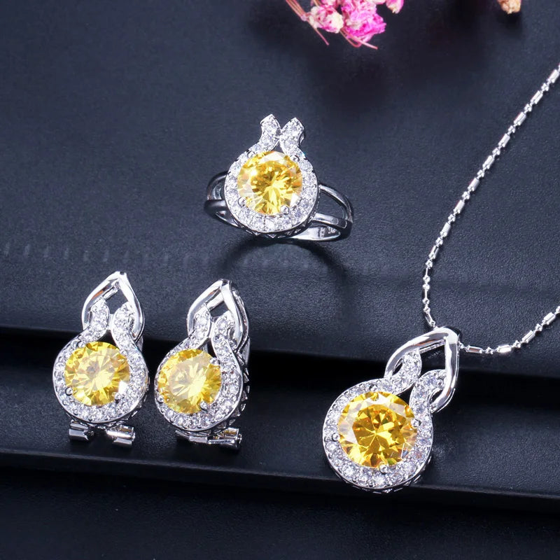 ThreeGraces 3pcs Fashion Shiny Pink Round Zirconia Wedding Party Pendant Necklace and Earrings Ring Jewelry Set for Women T1222