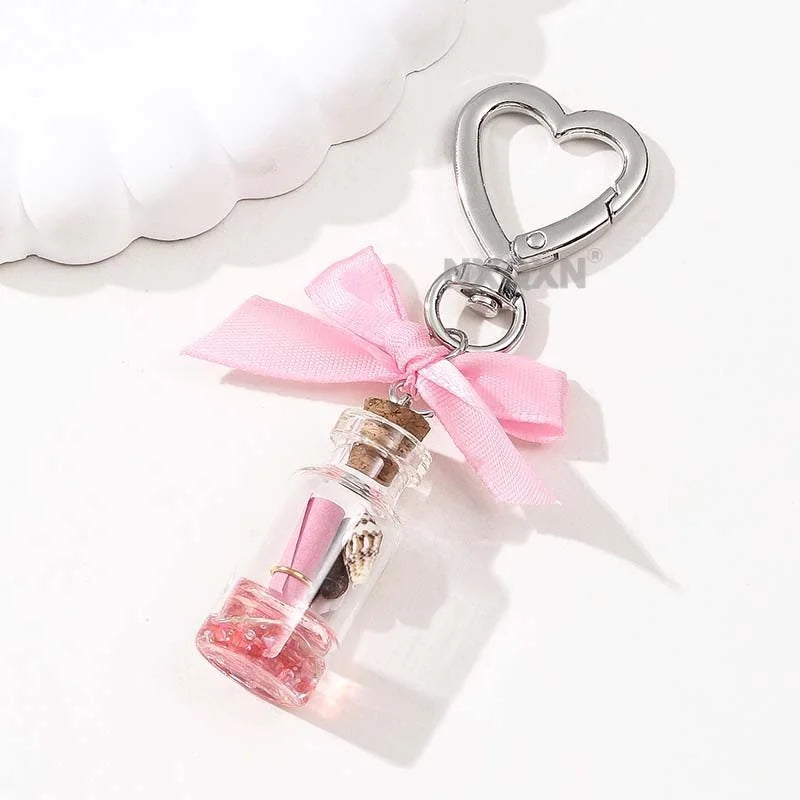 1pc Pink Drift Bottle Cute Bow Pretty Keychain Lovely Ocean Communicate Key Ring For Women Girls Handmade Good Gift Jewelry