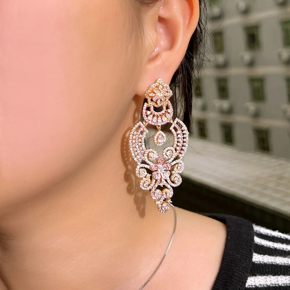 ThreeGraces Vintage Pink Zirconia Luxury Long Big Dangle Earrings for Women Delicate Wedding Evening Party Jewelry E1764