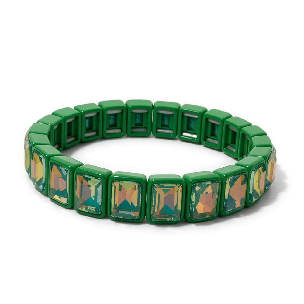 8x10mm Zirconia Enamel Bangle For Women Handmde Rainbow Color Elastic Beaded Bracelets