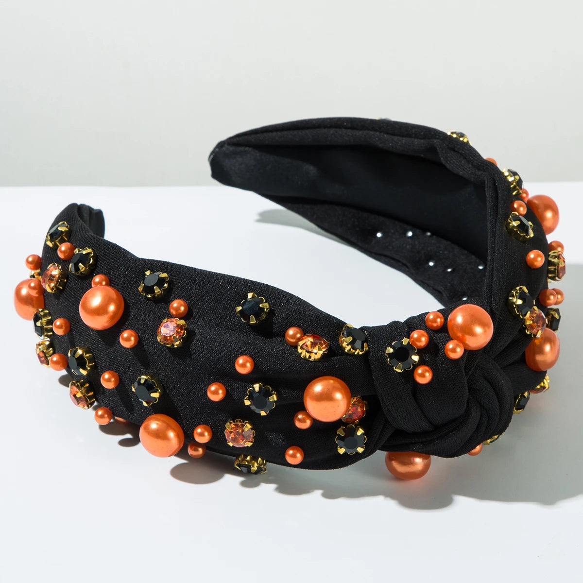 Popular Halloween Headbands For Women, Korean Fabric Knotted High Skull Headband, Pearl Rhinestone Headband Wholesale