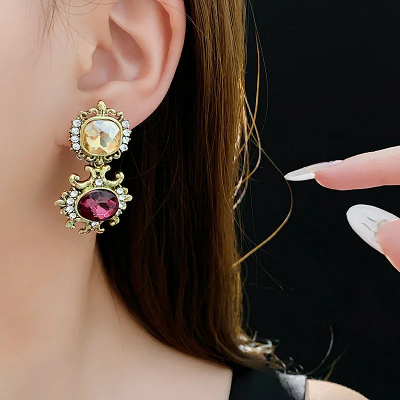 Vintage Square Rhinestone Round Drop Earring Chain Necklace Palace Style Luxury High-end Design Women's Jewelry Sets Wedding J