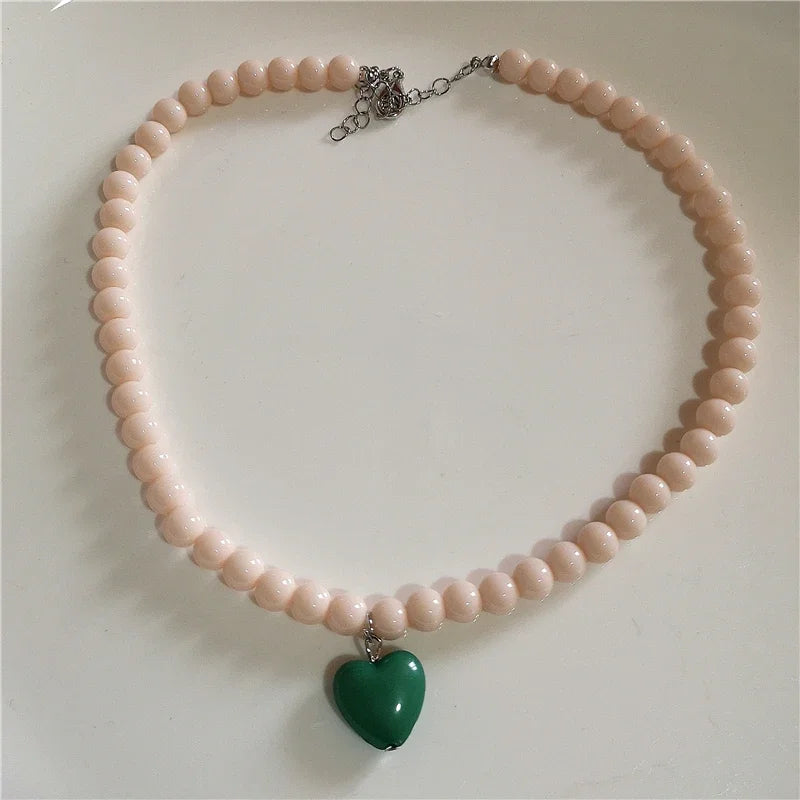 Kpop Resin Candy Color Heart Pendant Glass Beaded Short Choker Collar Neck Necklace Aesthetic Charm Jewelry Y2K Accessories