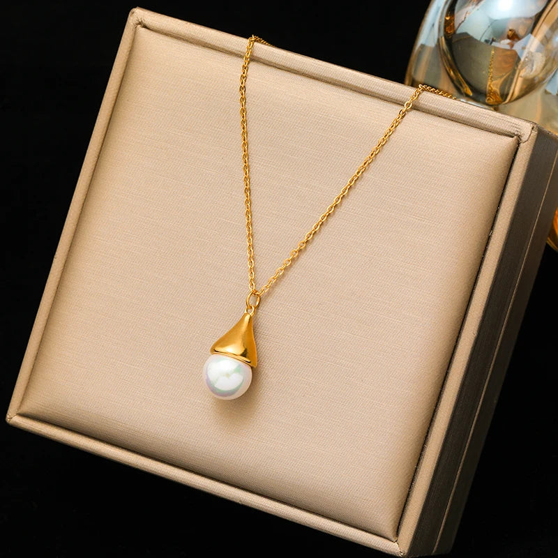 EILIECK 316L Stainless Steel Heart Love Pearl Pendant Necklace For Women Fashion Multilayer Neck Chain Jewelry Gift Collier