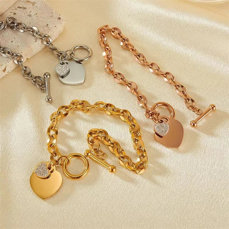 EILIECK 316L Stainless Steel Glossy Heart Charm Bracelet For Women Girl Trendy Wrist Chain 18K Gold Plated Jewelry Gift Bijoux