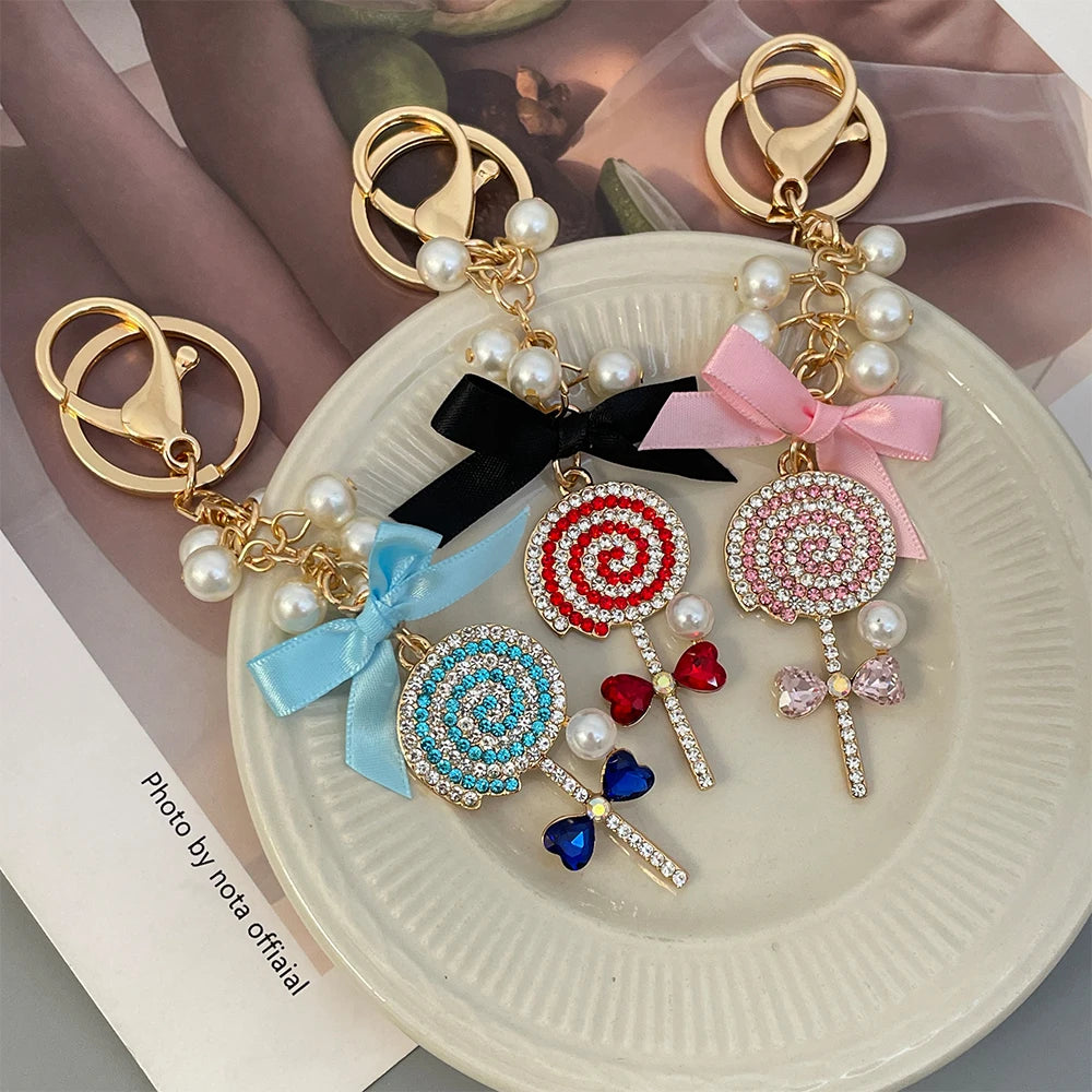 Cartoon Anime Love Pearl Blue Crystal Bow Lollipop Keychain Souvenir Gift for Family Friends