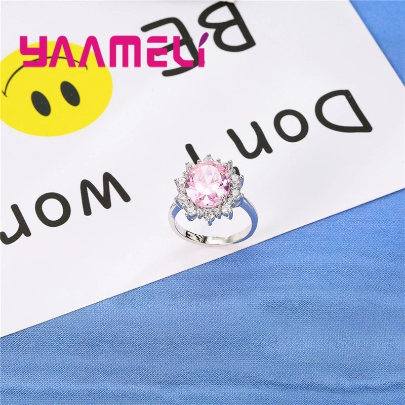Gorgeous Sweet Real 925 Sterling Silver Color Big Oval Pink Crystals Rings For Lady Women Wedding Engagement Fashion Anel