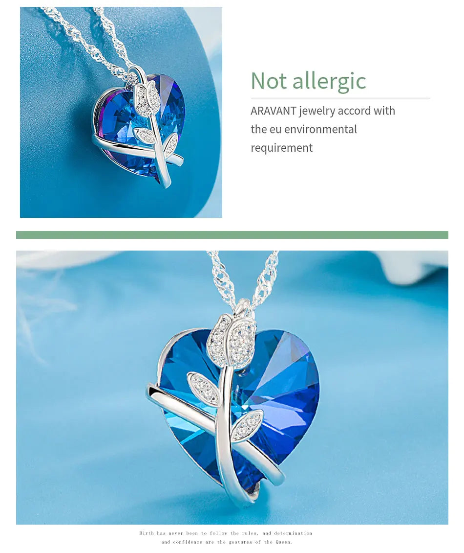ZDADAN 925 Sterling Silver Rose Flowers Blue Heart Crystal Necklace For Women Fashion Jewelry