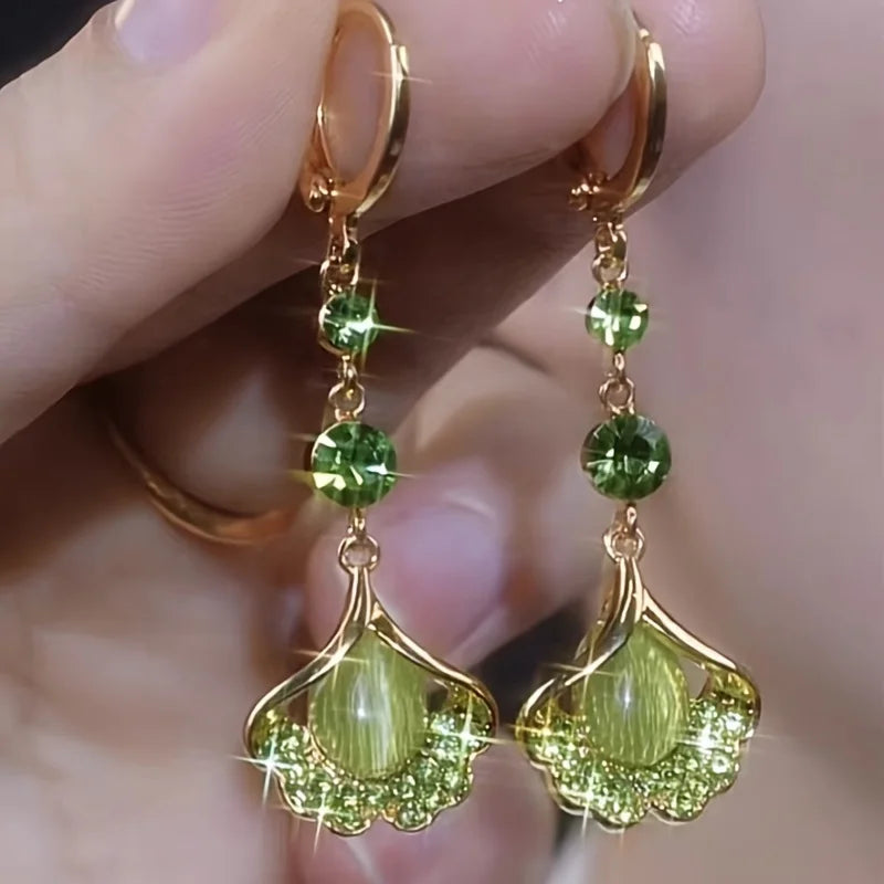 Exquisite Green Rhinestone Opal Tassel Earrings for Women Fashion Beautiful Daily Accessories Party Jewelry Gifts for Girlfriend