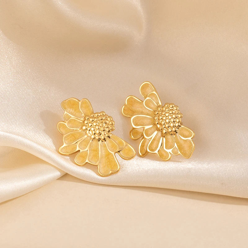 ANENJERY 316L Stainless Steel Drop Oil Flower Stud Earrings For Women Temperament Vintage Elegant Simple Jewelry Gifts Wholesale