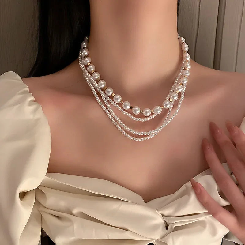 Elegant Multilayer Pearl Choker Necklaces for Women Crystal Flowers Necklaces Weddings Party Jewelry