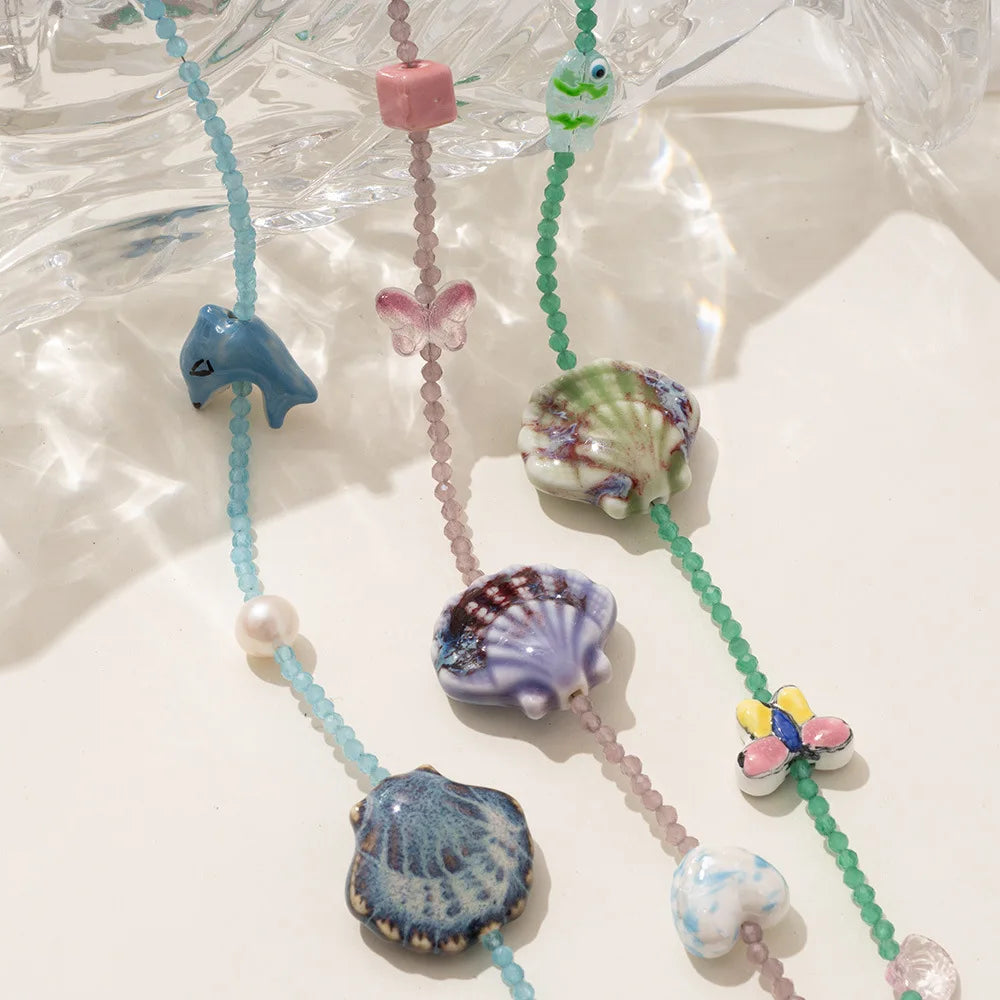Handmade Weave Multi Colored Rice Beads Dolphin Neckalce Women Color Texture Shell Scallop Oysters Summer Beach Charm Jewelry
