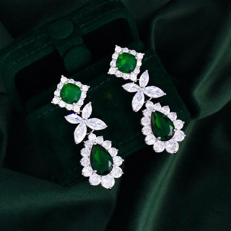 ThreeGraces Luxury Shiny Green Water Drop Zirconia Long Big Dangle Earrings for Women Bridal Wedding Party Jewelry E1748