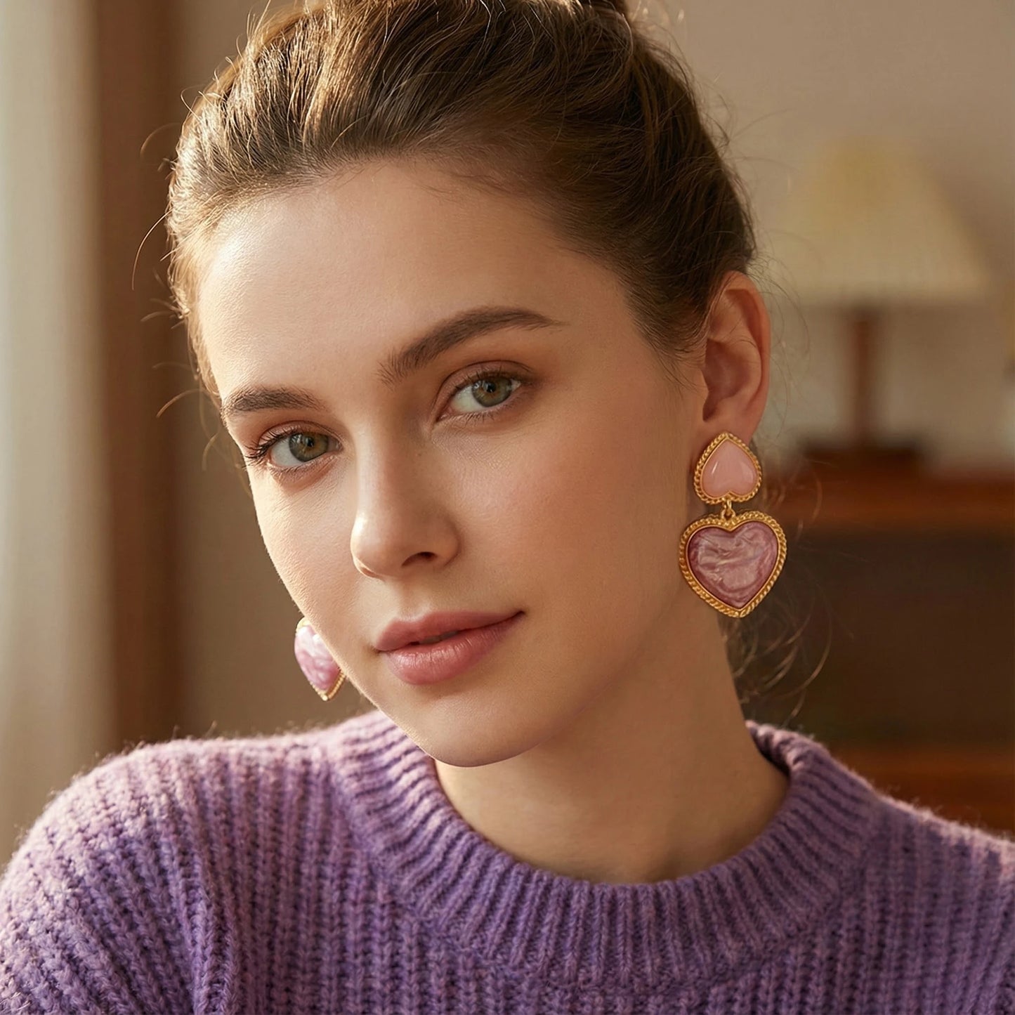 Badu Pink Heart Earrings for Women Girls Vintage Resin Double Heart Drop Earrings Cute Sweet Statement Jewelry Daily Wear