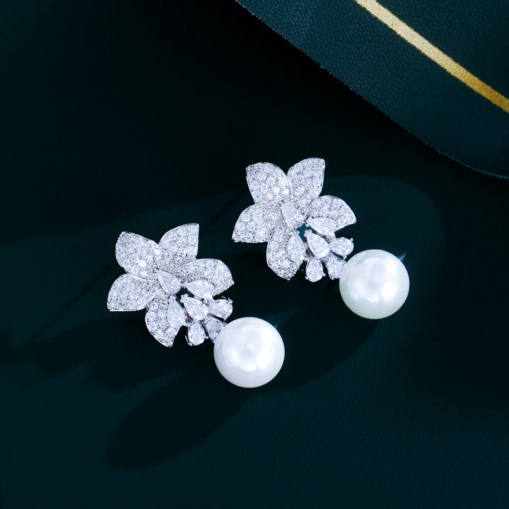 ThreeGraces Sparkling Cubic Zirconia Simulated Pearl Long Flower Dangle Earrings for Women Trendy Bridal Wedding Jewelry E1855