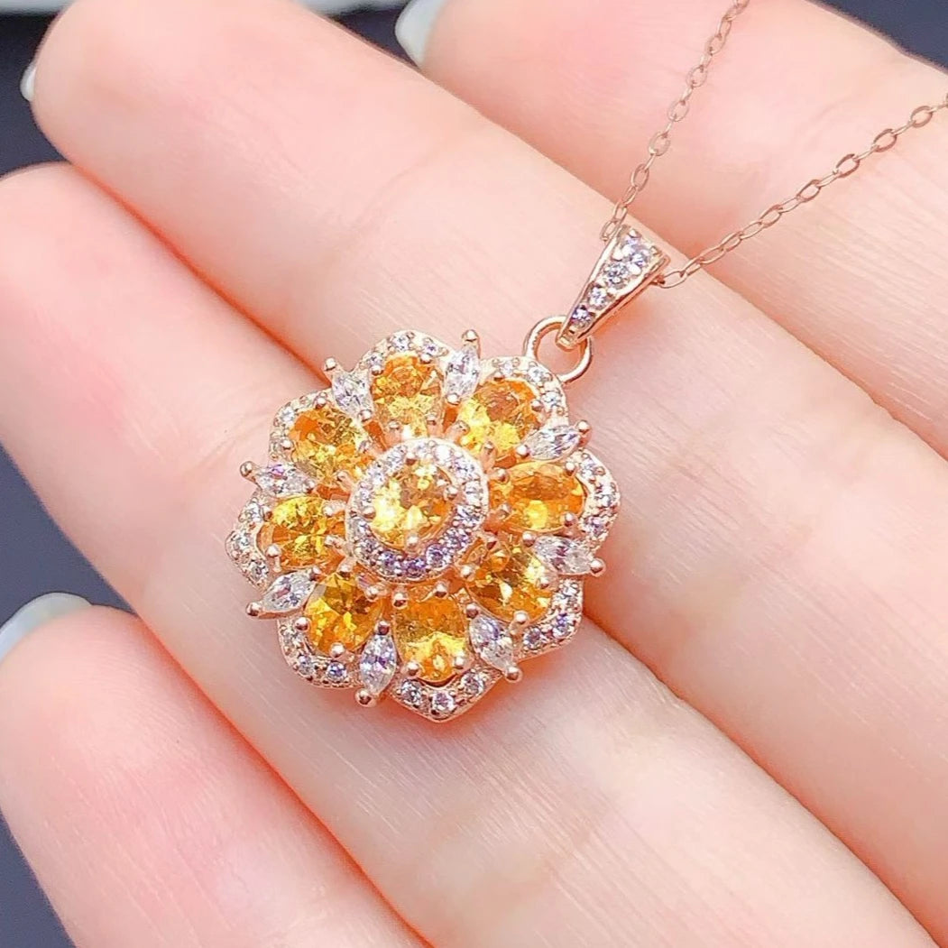 Sparkling 925 Silver Crystal Pendant Natural Citrine Pendant with Authentic Certificate Fine Jewelry Birthday Gift for Women