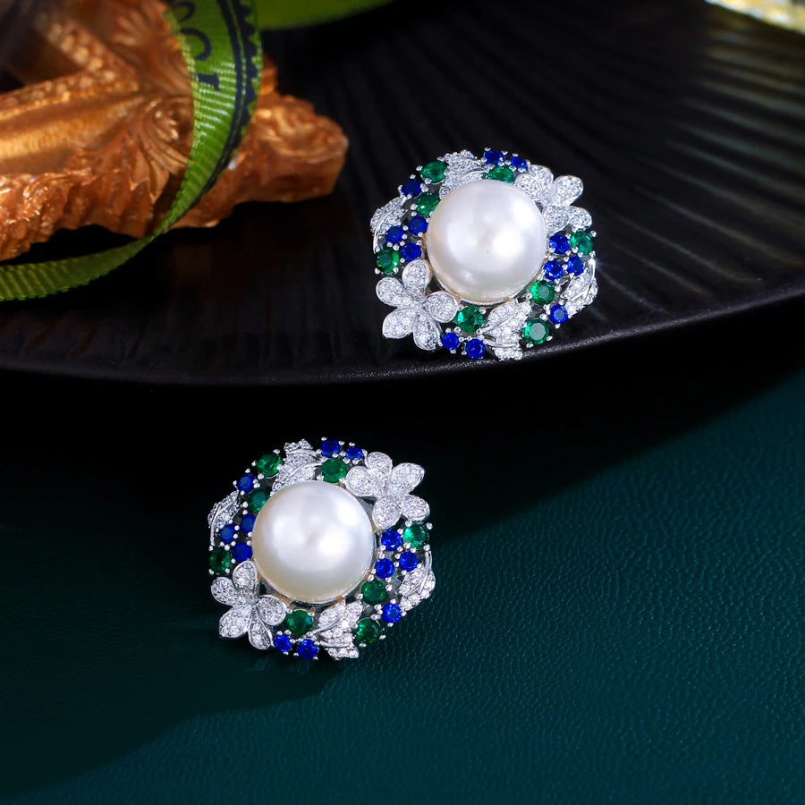 ThreeGraces Delicate Shiny Green Blue Zirconia Big Simulated Pearl Bridal Wedding Stud Earrings for Women Party Jewelry E2025