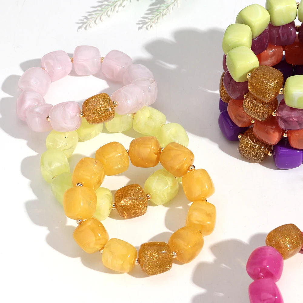 Trendy Resin Square Beaded Elastic Bracelets Colorful Geometric Beads Stretch Bangle Bracelet 2026 New Jewelry