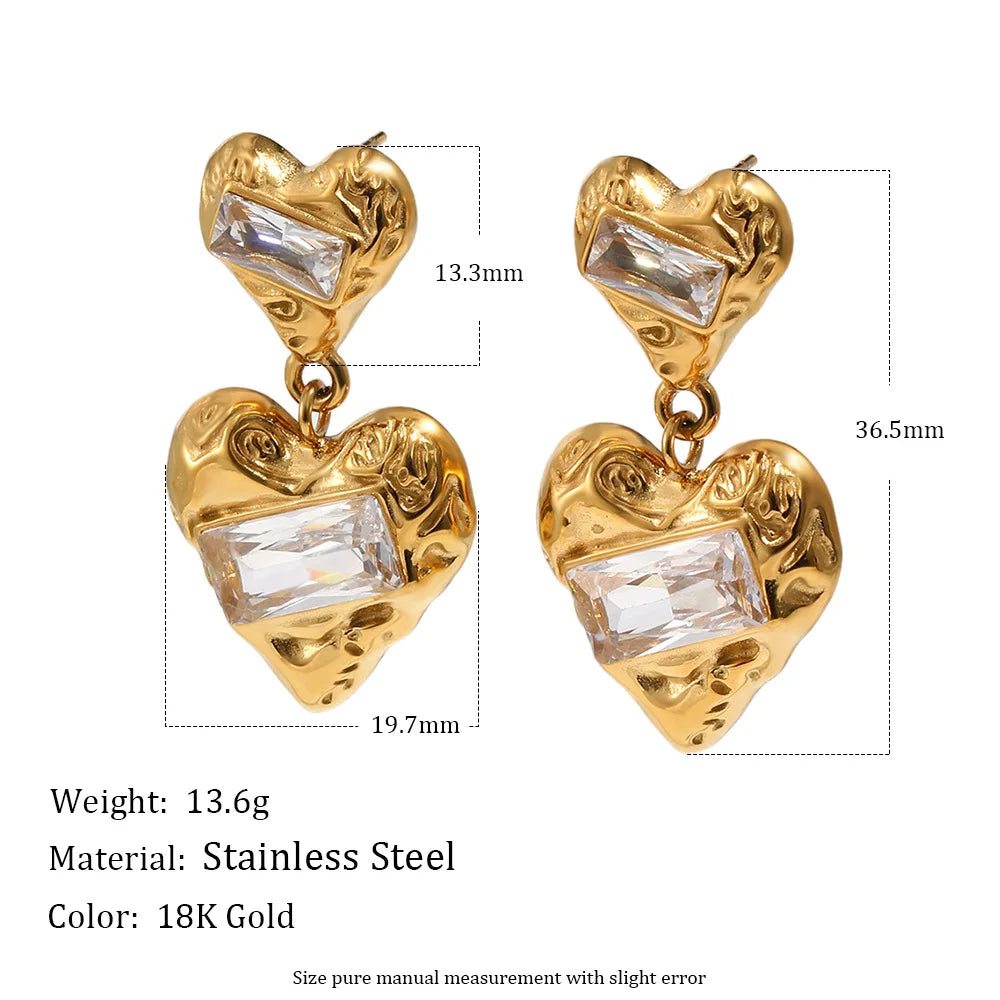 Vintage Stainless Steel Double Heart Drop Earrings for Women Luxury Square Zircon Metal Textured Dangle Earring Wedding Jewelry