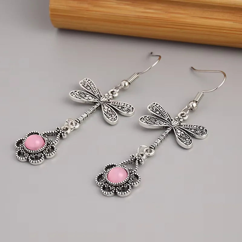 Vintage Retro Bohemian Geometric Pink Stone Dragonfly Drop Earrings for Women Fashionable Boho Ethnic Style Flower Party Jewelry