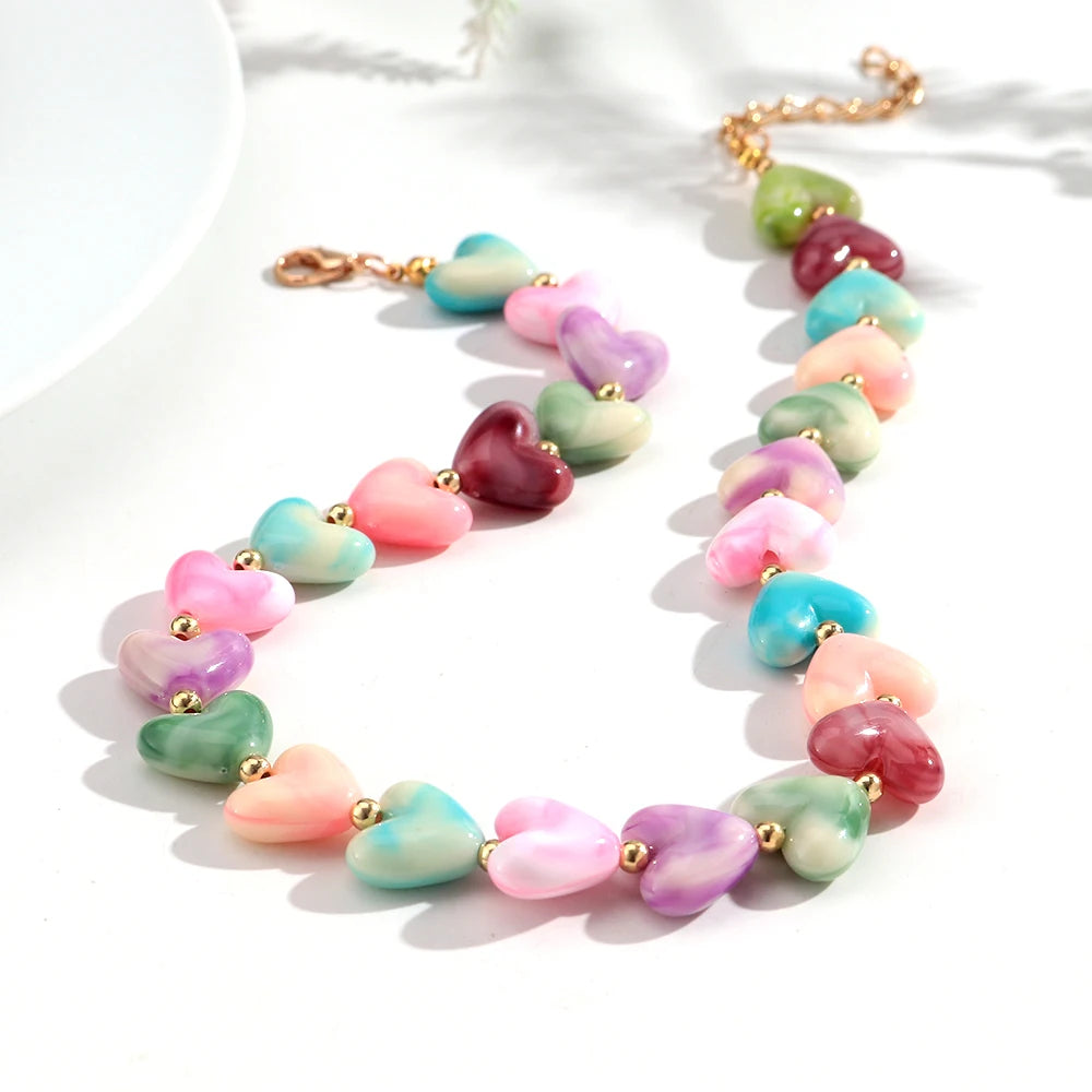 New Colorful Acrylic Geometric Heart Beaded Necklace Bracelet Set Fashion Love Heart Beads Choker Necklace Women Jewelry Gifts