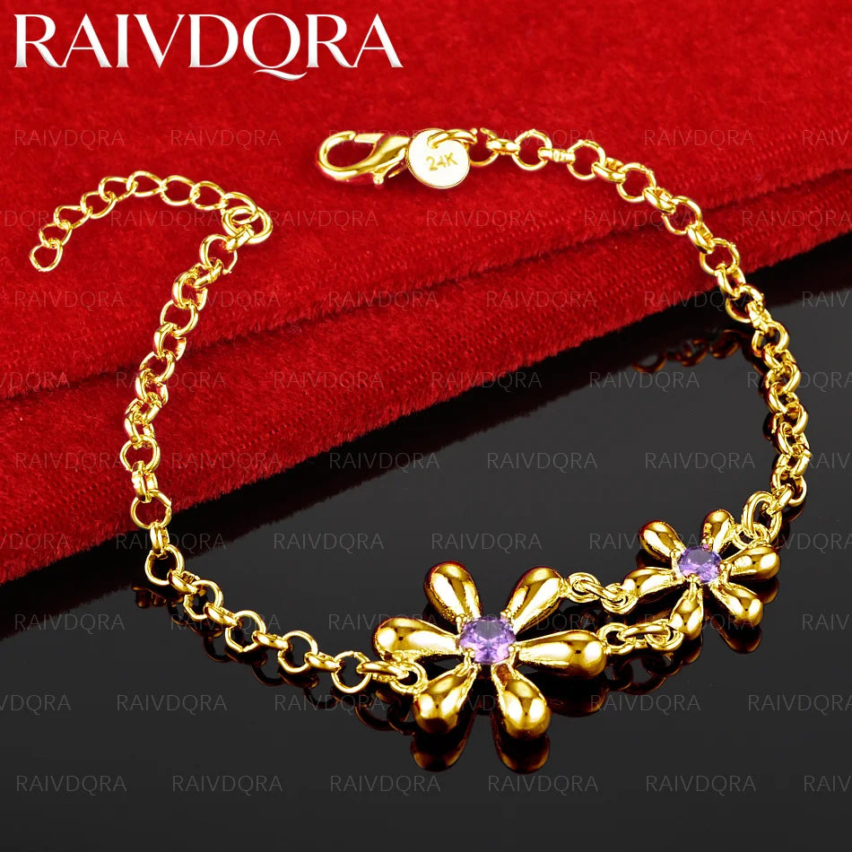 18K Gold Plated Double Flower Zircon Chain Bracelet For Women Fashion Jewelry Classic Charm Party Birthday Gift