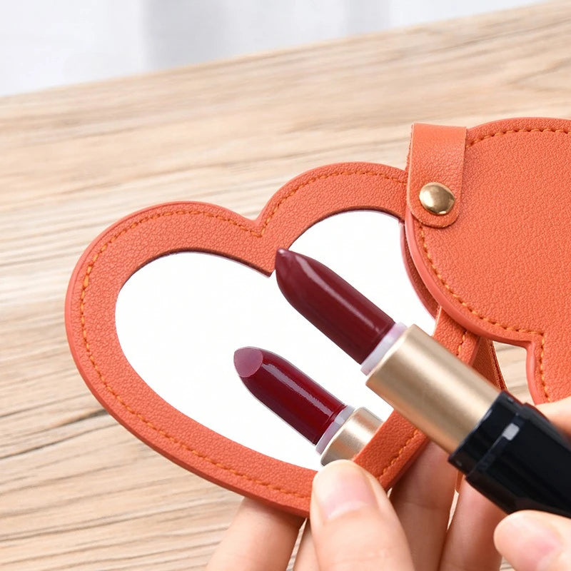 Multi-functional Heart Shape PU Leather Makeup Mirror Creativity Keychain Portable Compact with Chain for Purse Travel Gift