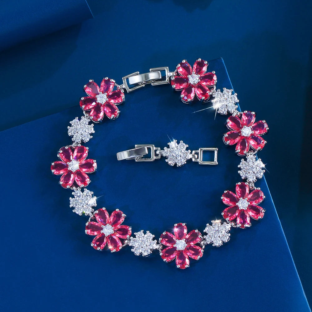 ThreeGraces Fashion Shiny Cubic Zirconia Blue Pink Flower Charms Designer Bridal Bracelet for Women Daily Party Jewelry B608