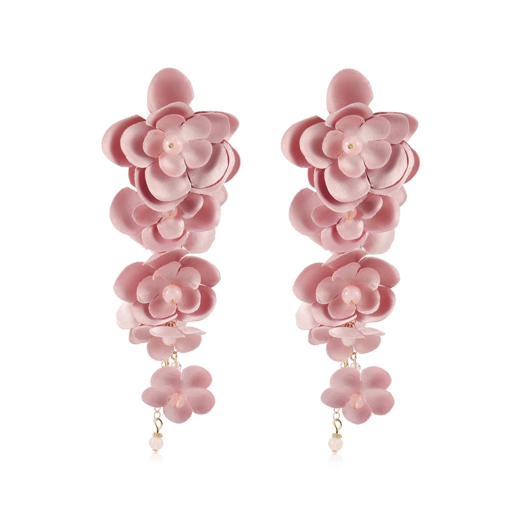 Badu Bohemia Fabric Flower Dangle Long Earrings for Women Luxury Design Wedding Party Elegant Jewelry 2024