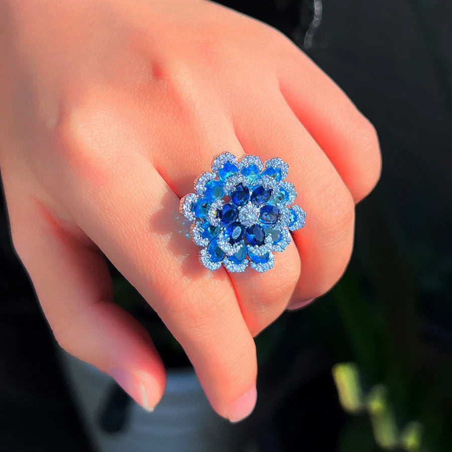 ThreeGraces Elegant Shiny Blue Zirconia 3D Design Big Flower Open Size Ring for Women Luxury Bridal Wedding Party Jewelry R325
