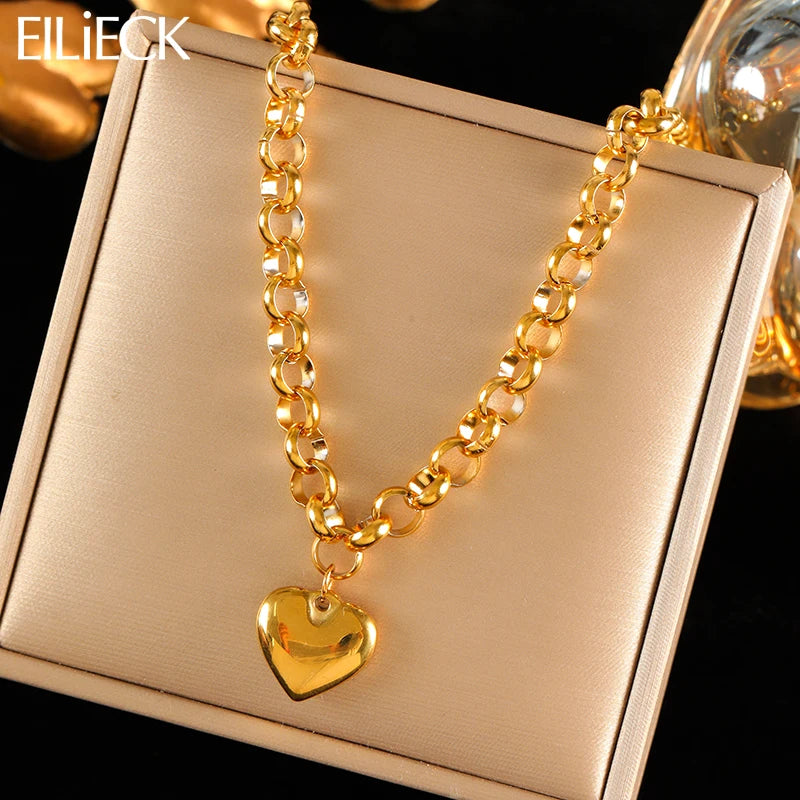 EILIECK 316L Stainless Steel Heart Love Pendant Necklace For Women Daily Wear Trendy Exquisite Charm Neck Chain Jewelry Gift