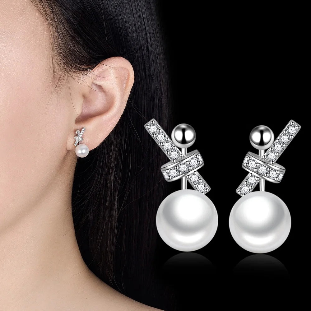 Luxury Charm Female White Zircon Oval Pearl Stud Earrings Gold Silver Color Wedding Jewelry For Women