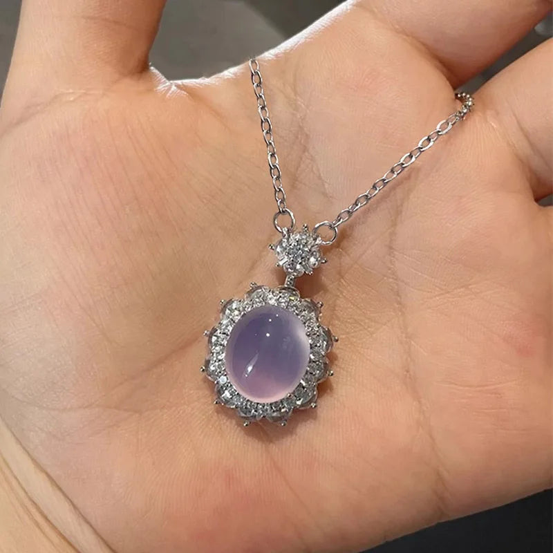 Huitan Aesthetic Women Purple Imitation Opal Pendant Necklace for Party Wedding Elegant Charming Accessories Jewelry Inlaid CZ