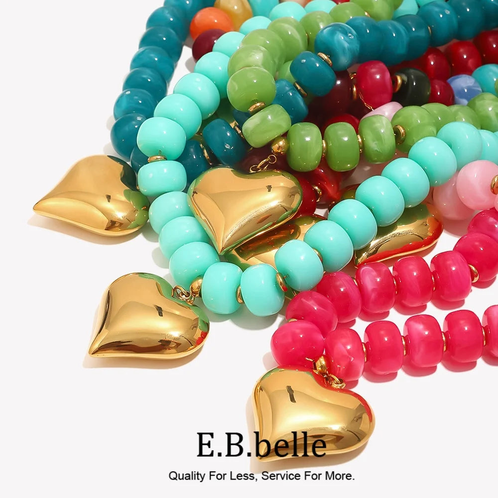 E.B.belle Candy Color Bead Heart Charm Necklaces Colorful Dopamine Resin Chain Necklace Tarnish Y2K Fashion Women Jewelry