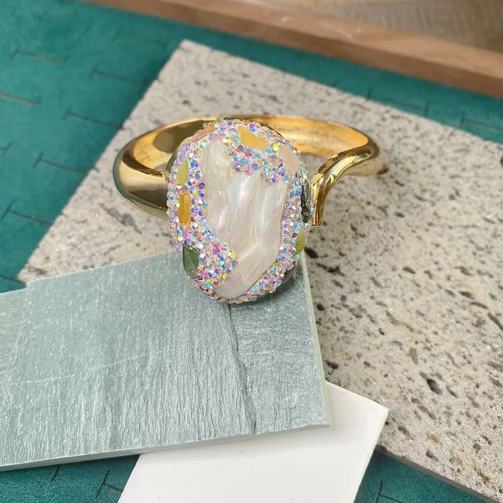 Raw Baroque Freshwater Pearl Open Bangle Women Natural Tourmaline Crystal Cuff Bracelet AB Color Rhinestone Fashion Jewelry