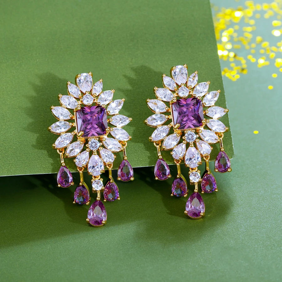 ThreeGraces Luxury Shining Purple White Zirconia Big Long Bridal Wedding Party Tassel Drop Earrings for Women Chic Jewelry E2009
