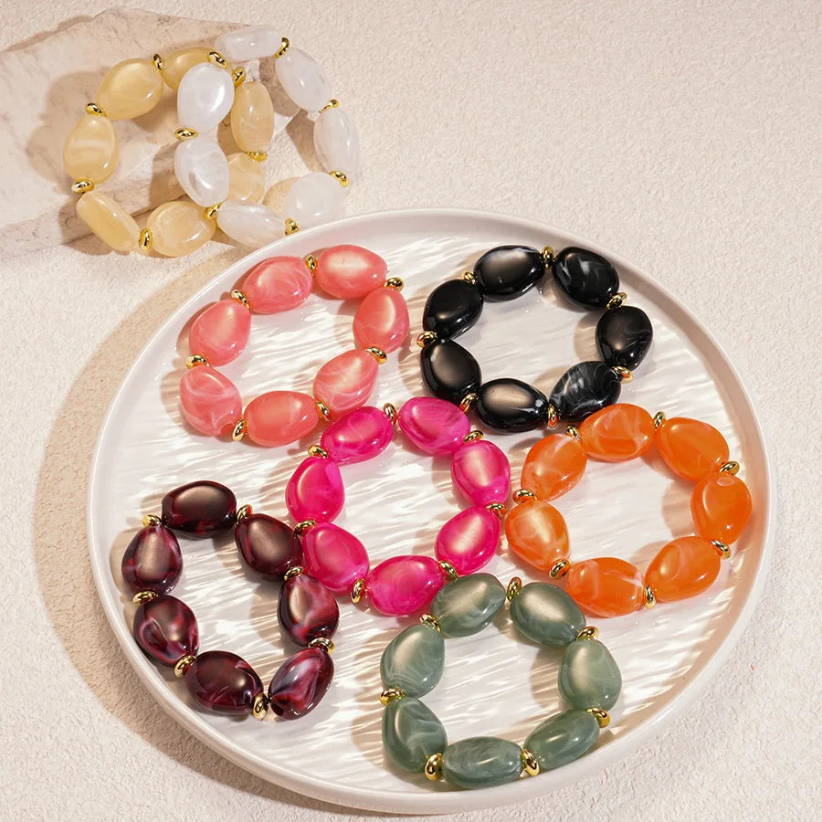 Trendy Colorful Marbled Irregular Oval Bead Elastic Bracelets Boho Resin Geometric Beaded Bangles Bracelet 2026 Fashion Jewelry