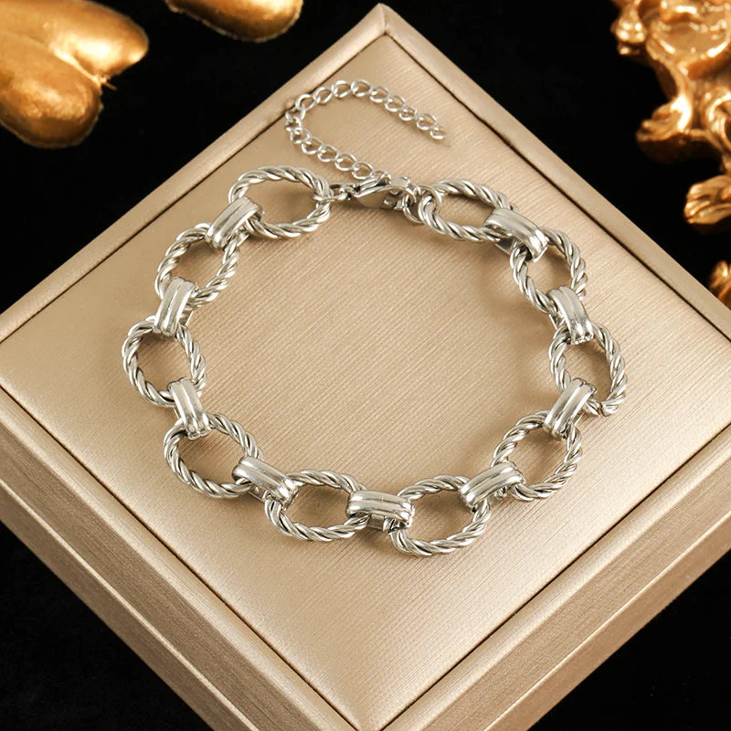 EILIECK 316L Stainless Steel Metal Gold Color Oval Link Chain Necklace Bracelet Set For Women Fashion Punk Waterproof Jewelry